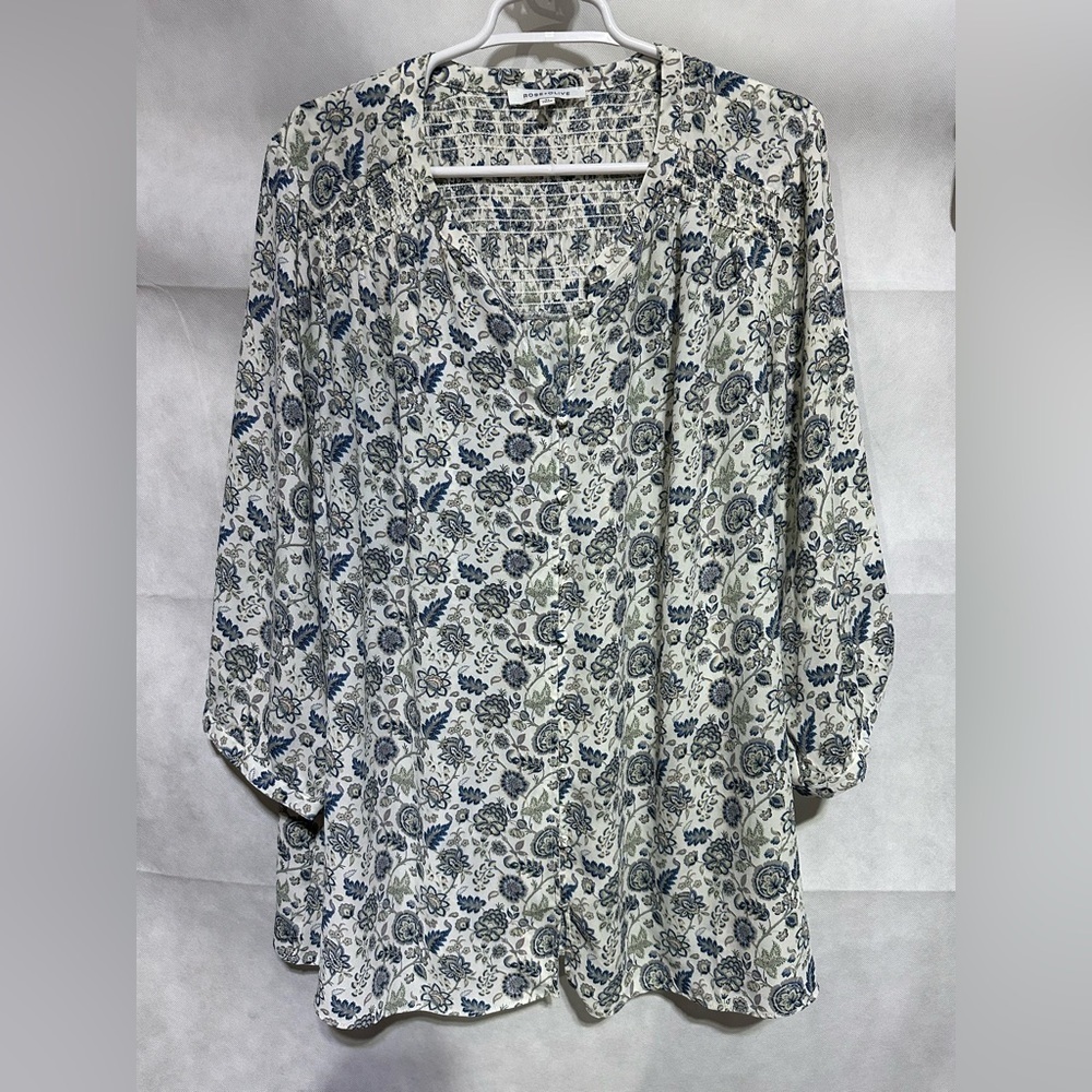 Rose + Olive 2X Floral Tunic Top Chiffon Blue Cottage Bohemian Peasant Buttons
